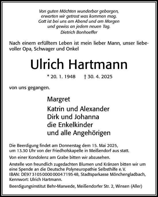 Traueranzeige von Ulrich Hartmann von Cellesche Zeitung