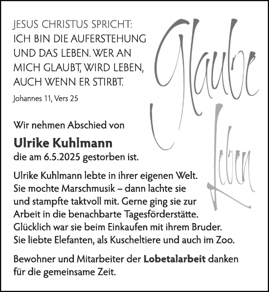 Traueranzeige von Ulrike Kuhlmann von Cellesche Zeitung