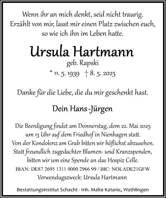 Traueranzeige von Ursula Hartmann von Cellesche Zeitung