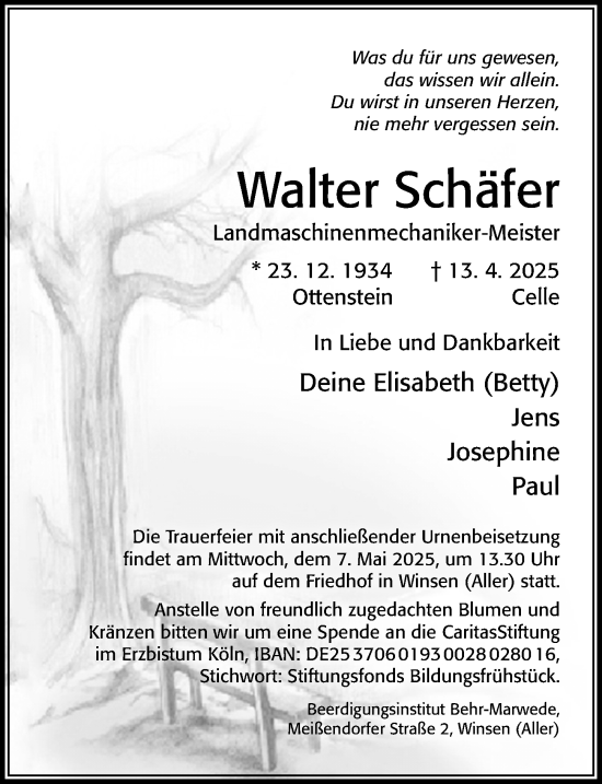Traueranzeige von Walter Schäfer von Cellesche Zeitung