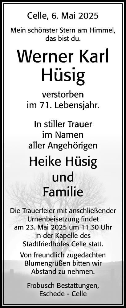 Traueranzeige von Werner Karl Hüsig von Cellesche Zeitung