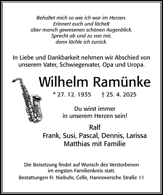 Traueranzeige von Wilhelm Ramünke von Cellesche Zeitung