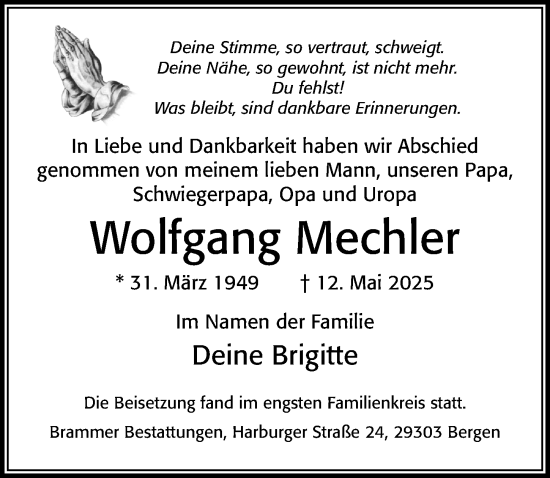 Traueranzeige von Wolfgang Mechler von Cellesche Zeitung