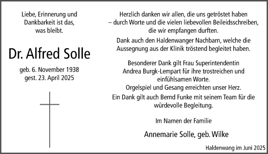 Traueranzeige von Alfred Solle von Cellesche Zeitung