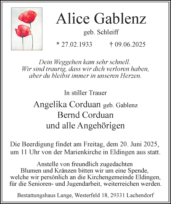 Traueranzeige von Alice Gablenz von Cellesche Zeitung