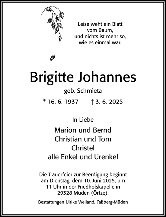 Traueranzeige von Brigitte Johannes von Cellesche Zeitung
