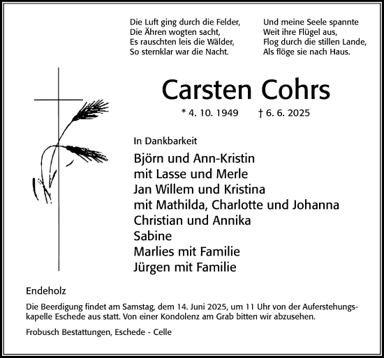 Traueranzeige von Carsten Cohrs von Cellesche Zeitung