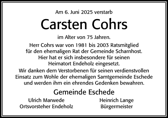 Traueranzeige von Carsten Cohrs von Cellesche Zeitung