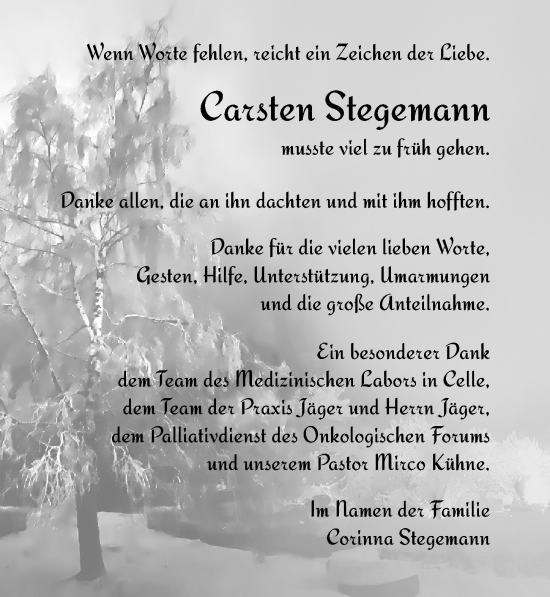 Traueranzeige von Carsten Stegemann von Cellesche Zeitung