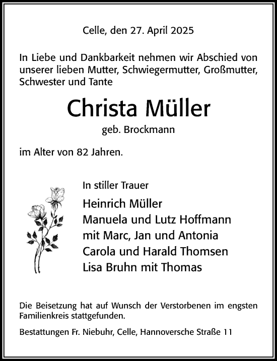 Traueranzeige von Christa Müller von Cellesche Zeitung
