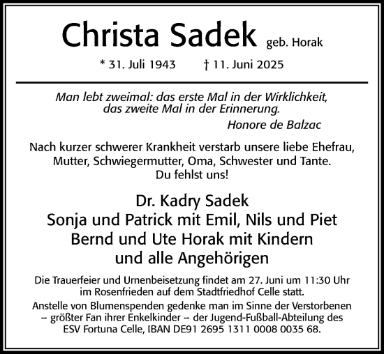 Traueranzeige von Christa Sadek von Cellesche Zeitung