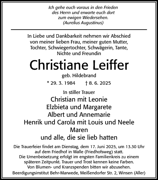 Traueranzeige von Christiane Leiffer von Cellesche Zeitung