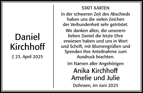 Traueranzeige von Daniel Kirchhoff von Cellesche Zeitung