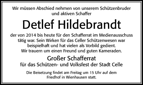 Traueranzeige von Detlef Hildebrandt von Cellesche Zeitung