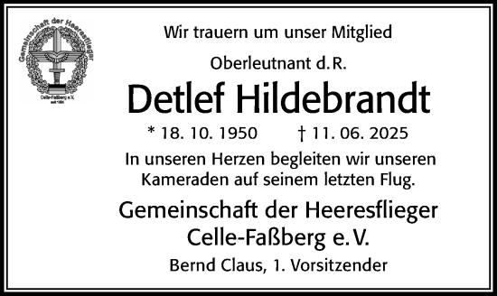 Traueranzeige von Detlef Hildebrandt von Cellesche Zeitung