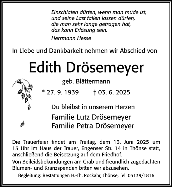 Traueranzeige von Edith Drösemeyer von Cellesche Zeitung