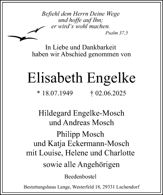 Traueranzeige von Elisabeth Engelke von Cellesche Zeitung