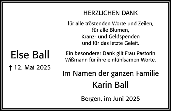 Traueranzeige von Else Ball von Cellesche Zeitung