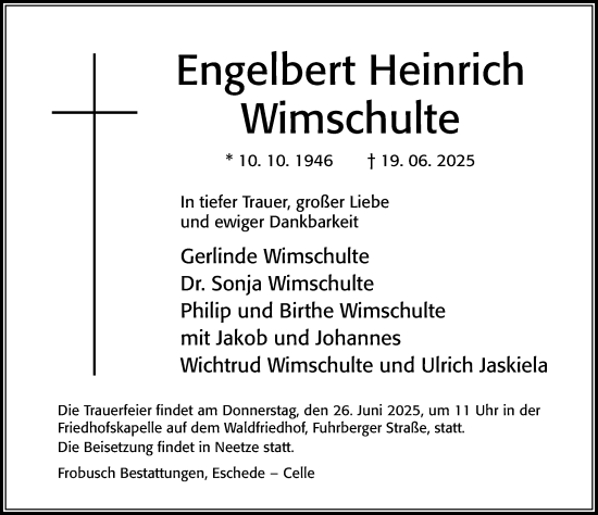 Traueranzeige von Engelbert Heinrich Wimschulte von Cellesche Zeitung