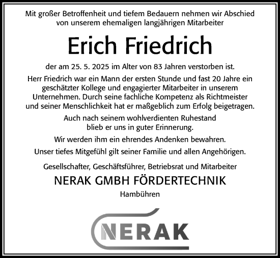 Traueranzeige von Erich Friedrich von Cellesche Zeitung