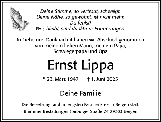 Traueranzeige von Ernst Lippa von Cellesche Zeitung