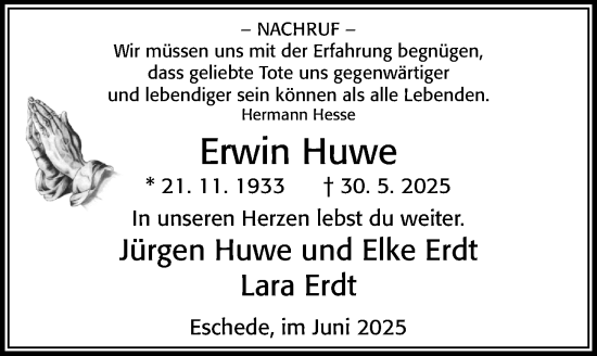 Traueranzeige von Erwin Huwe von Cellesche Zeitung