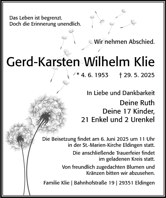 Traueranzeige von Gerd-Karsten Wilhelm Klie von Cellesche Zeitung