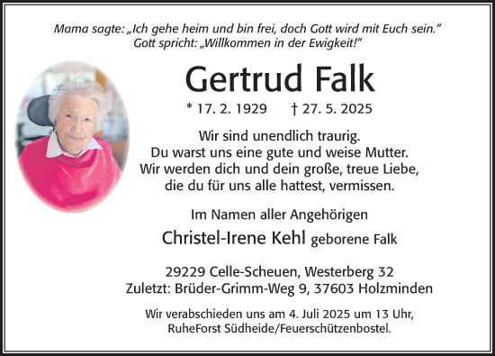 Traueranzeige von Gertrud Falk von Cellesche Zeitung