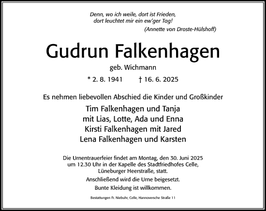Traueranzeige von Gudrun Falkenhagen von Cellesche Zeitung