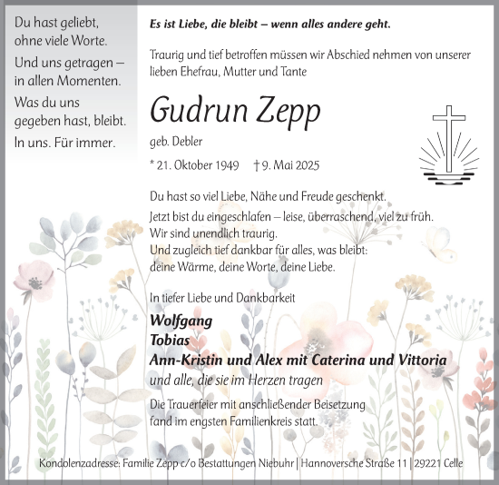 Traueranzeige von Gudrun Zepp von Cellesche Zeitung