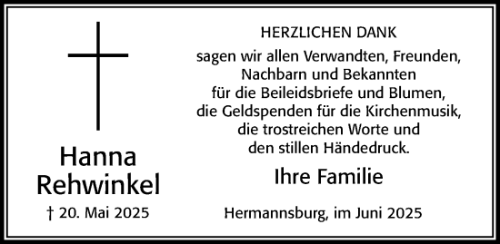Traueranzeige von Hanna Rehwinkel von Cellesche Zeitung