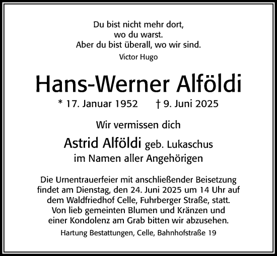 Traueranzeige von Hans-Werner Alföldi von Cellesche Zeitung