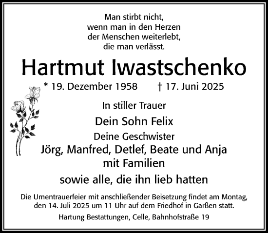 Traueranzeige von Hartmut Iwastschenko von Cellesche Zeitung
