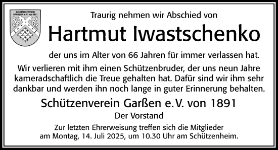 Traueranzeige von Hartmut Iwastschenko von Cellesche Zeitung