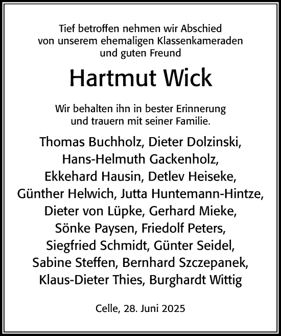 Traueranzeige von Hartmut Wick von Cellesche Zeitung