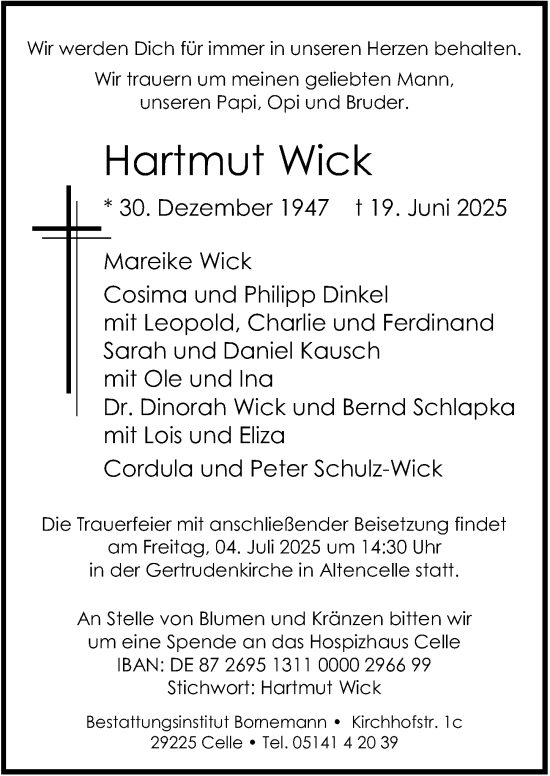 Traueranzeige von Hartmut Wick von Cellesche Zeitung