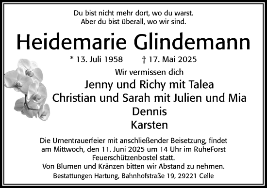 Traueranzeige von Heidemarie Glindemann von Cellesche Zeitung