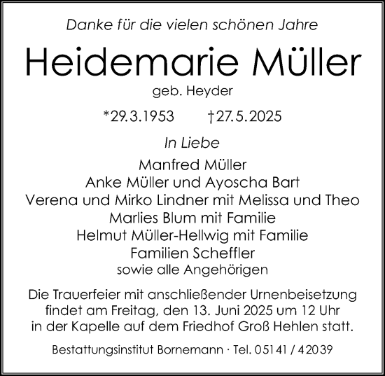 Traueranzeige von Heidemarie Müller von Cellesche Zeitung