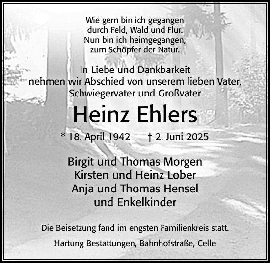 Traueranzeige von Heinz Ehlers von Cellesche Zeitung