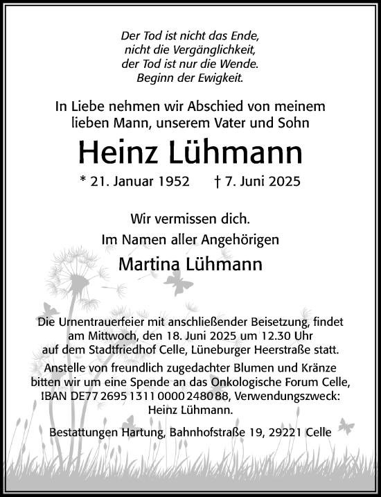 Traueranzeige von Heinz Lühmann von Cellesche Zeitung