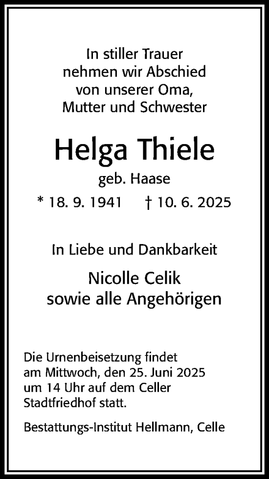 Traueranzeige von Helga Thiele von Cellesche Zeitung