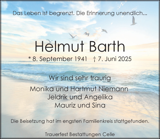 Traueranzeige von Helmut Barth von Cellesche Zeitung