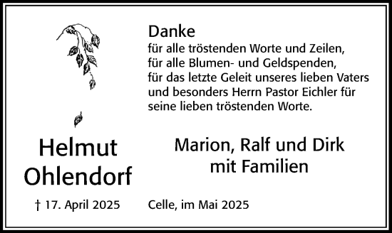 Traueranzeige von Helmut Ohlendorf von Cellesche Zeitung