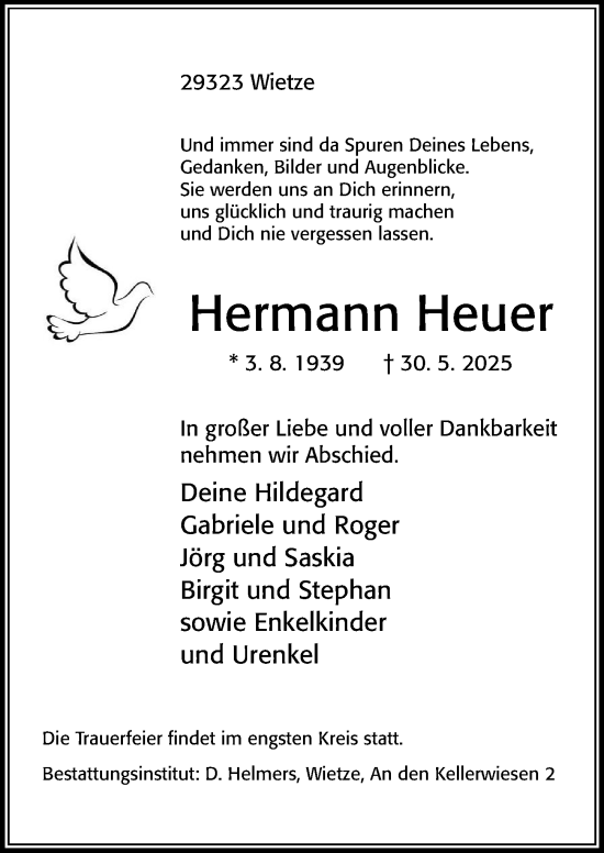 Traueranzeige von Hermann Heuer von Cellesche Zeitung