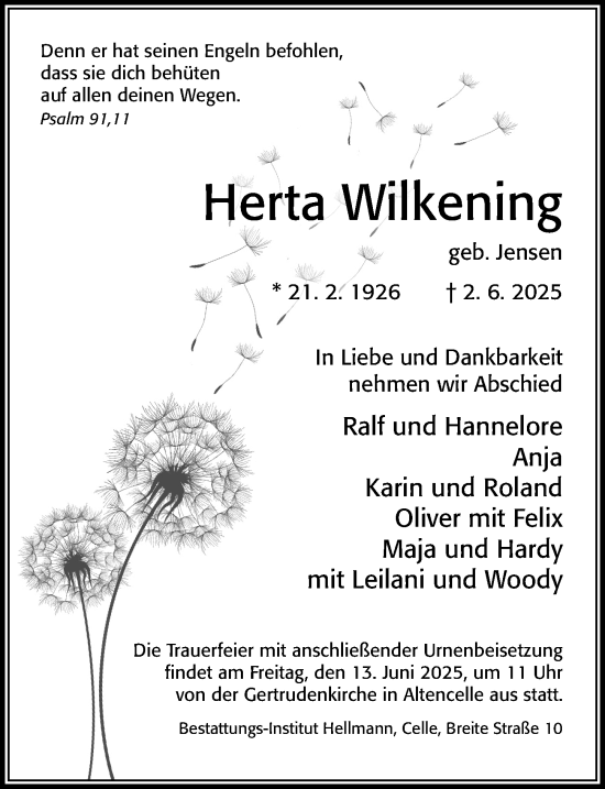 Traueranzeige von Herta Wilkening von Cellesche Zeitung
