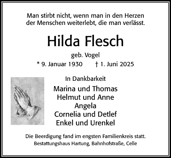 Traueranzeige von Hilda Flesch von Cellesche Zeitung