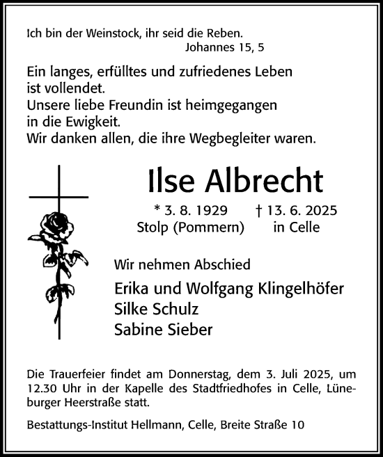 Traueranzeige von Ilse Albrecht von Cellesche Zeitung