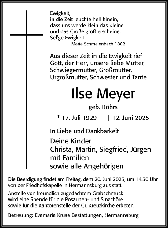 Traueranzeige von Ilse Meyer von Cellesche Zeitung