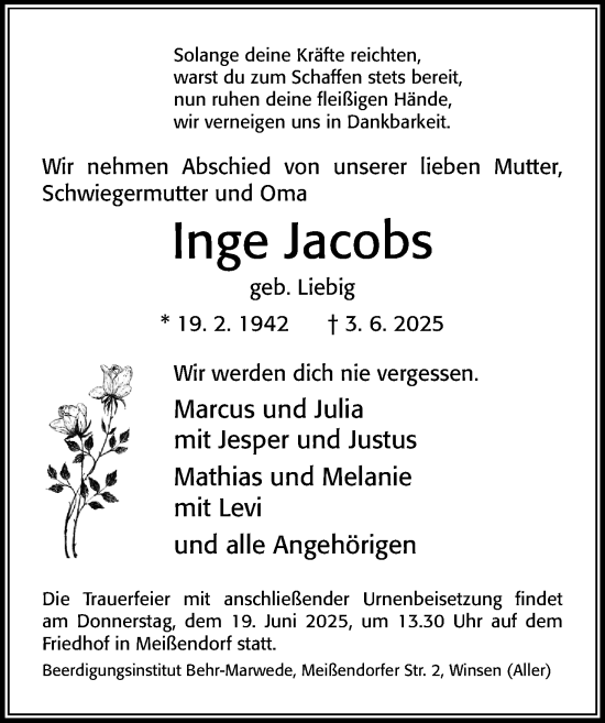 Traueranzeige von Inge Jacobs von Cellesche Zeitung