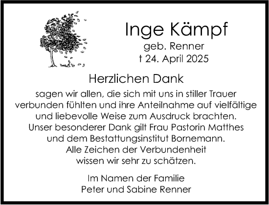 Traueranzeige von Inge Kämpf von Cellesche Zeitung